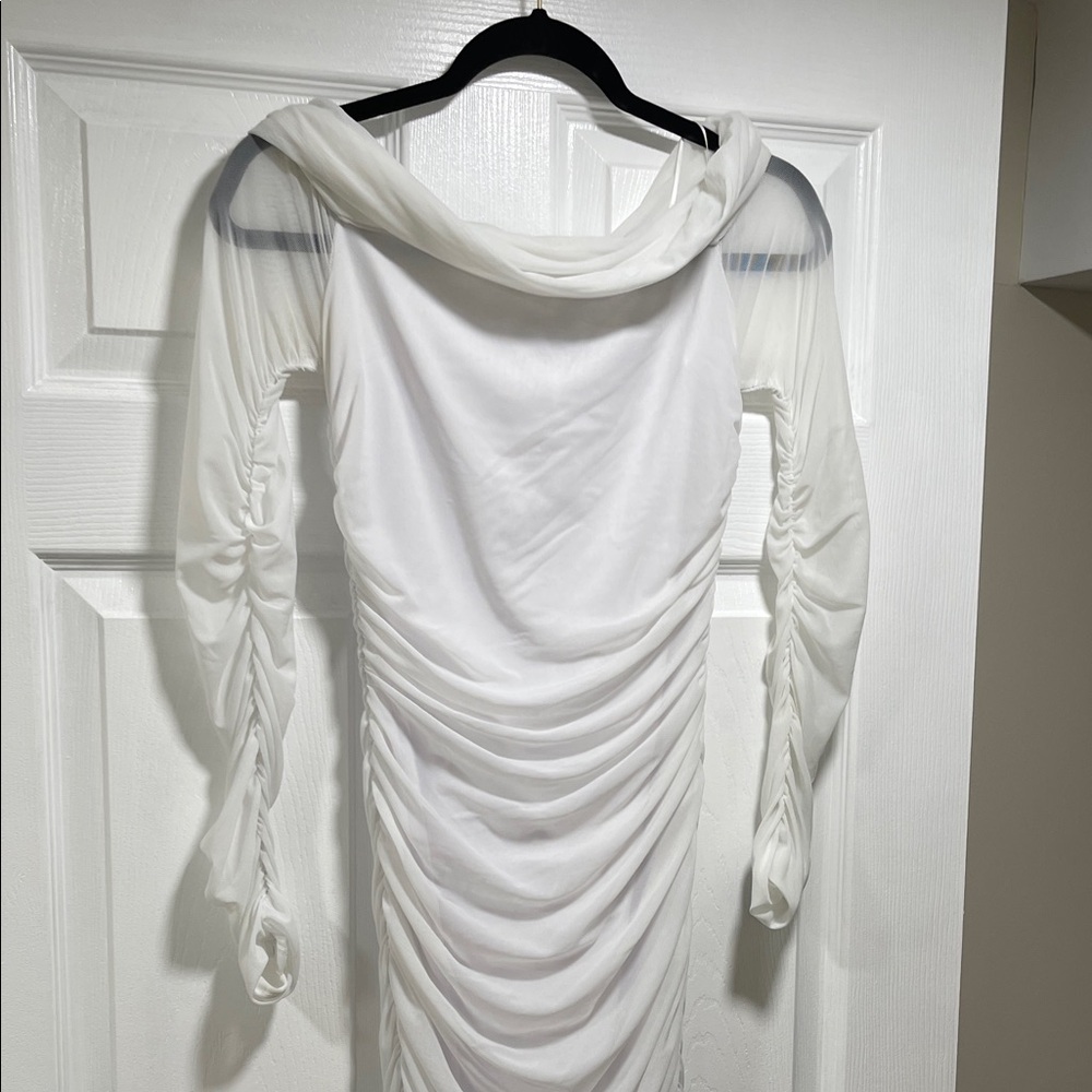 Fashion Nova White Long Sleeve Ruched Dress